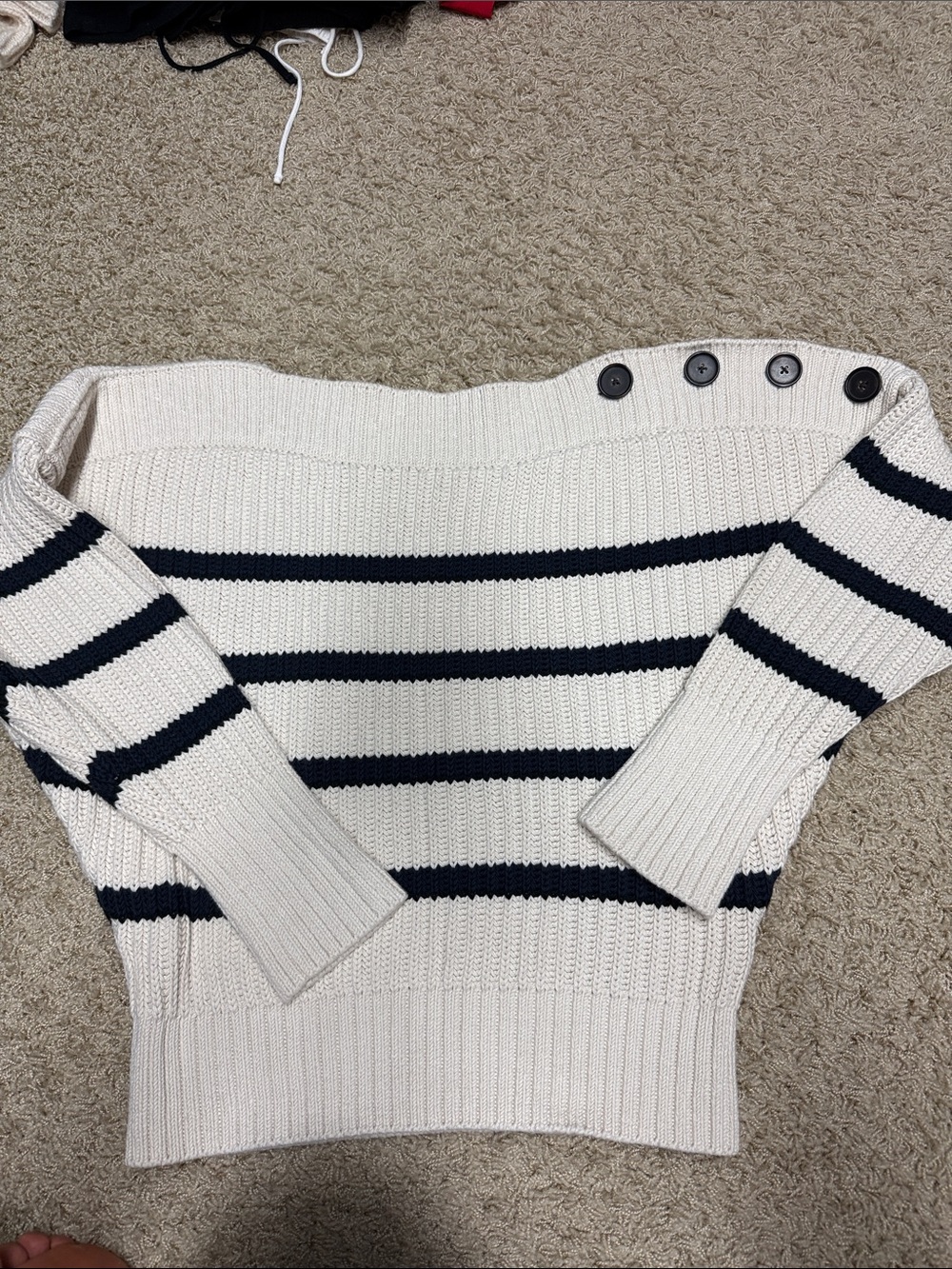 Banana Republic Cream and Navy Striped Off-Shoulder Sweater